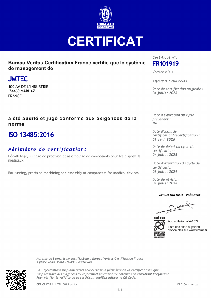 Certificat JMTEC ISO 13485:2016 — FR101919