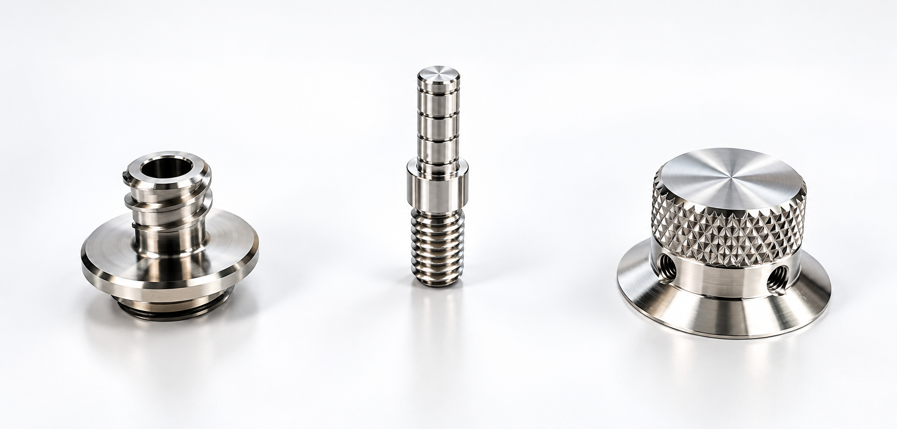Trois composants usinés en aluminium avec collerettes, filetages, gorges et surfaces moletées.