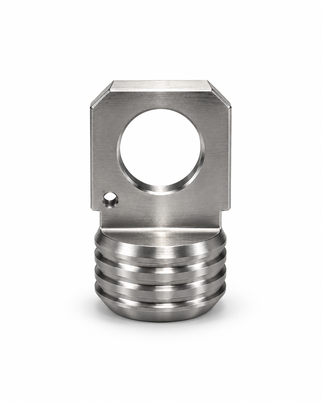 Connecteur fileté en inox 304L, avec ouverture centrale et perçage secondaire.