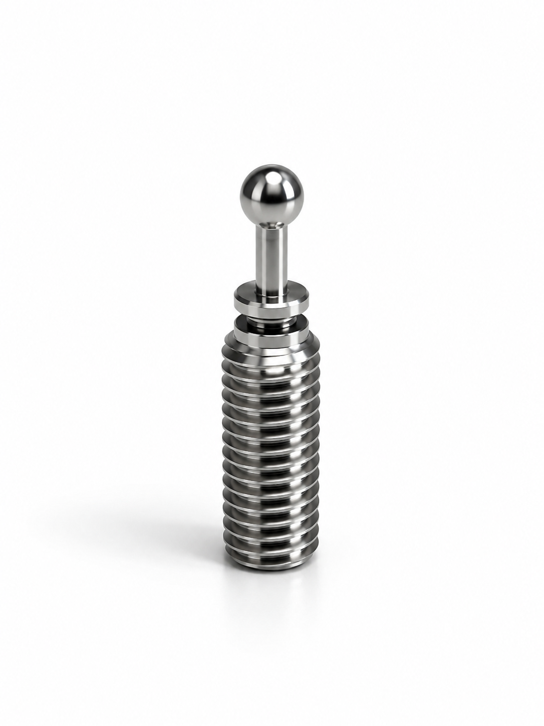 Pivot usiné en inox 303, avec corps fileté, tige centrale et extrémité sphérique.