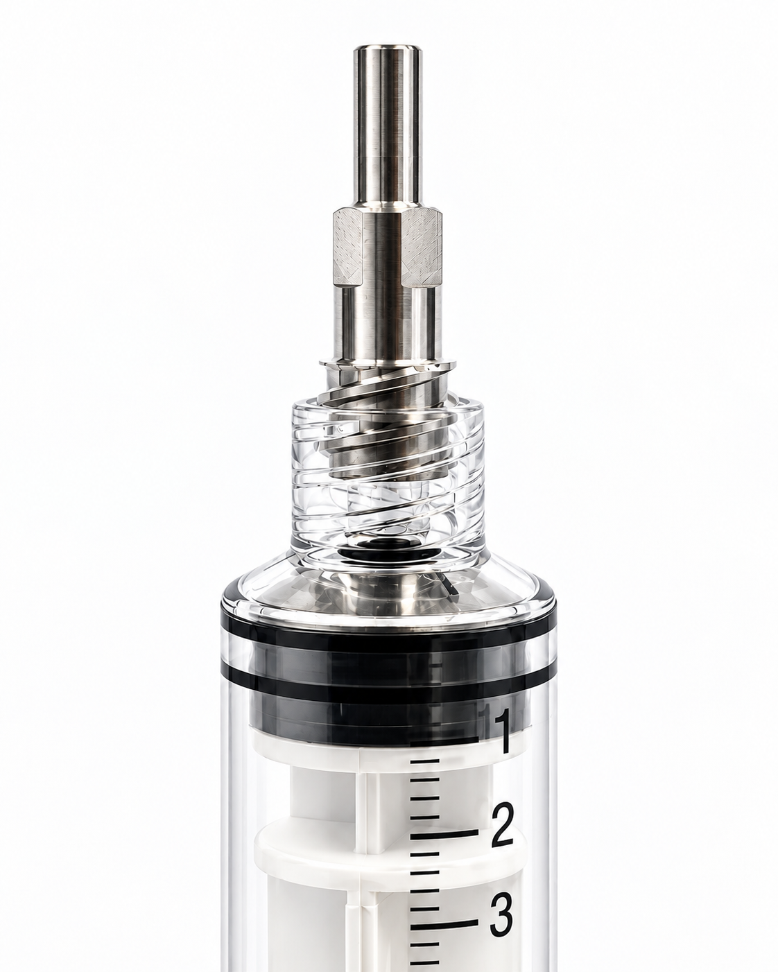 Seringue à embout usiné en inox 316L et corps transparent.