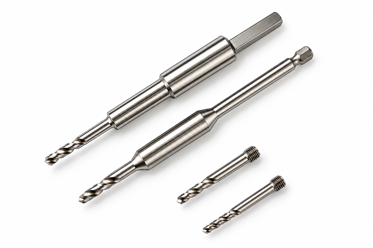 Forets en inox de différentes longueurs, avec profils hélicoïdaux et interfaces de fixation.